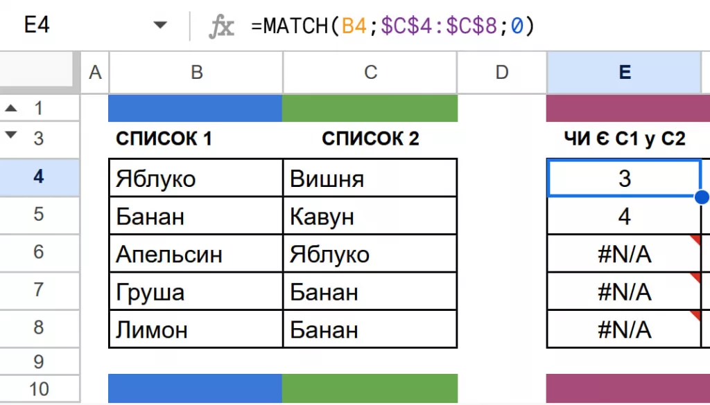 Порівнюємо два списка в Google Таблицях